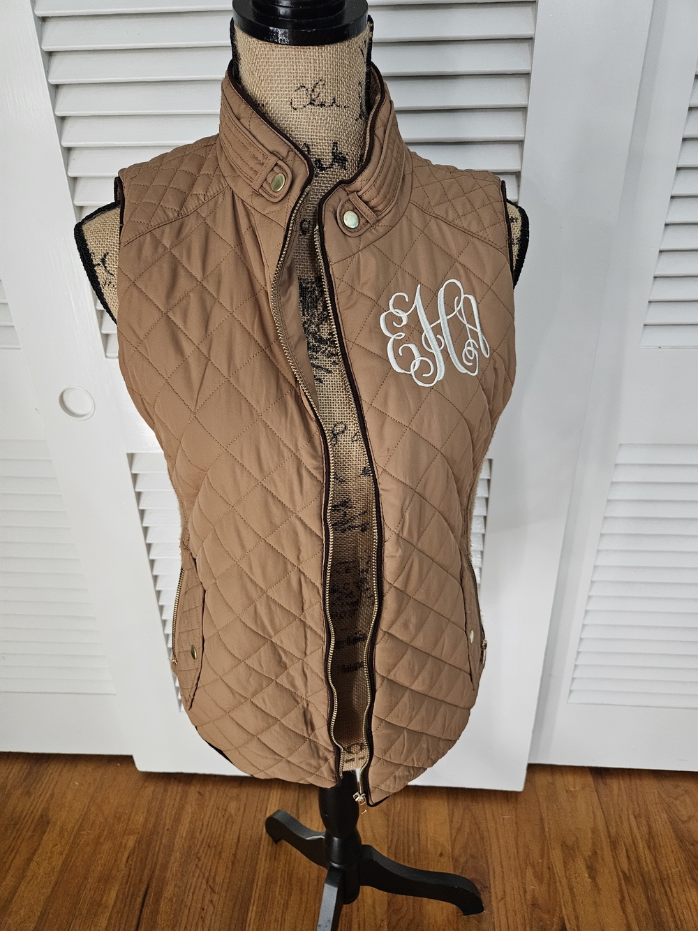 Quilted Tan Women's Vest with Monogram Detail